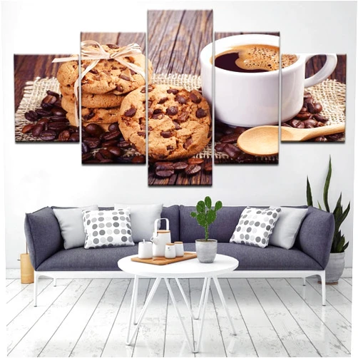 ASATTI 5 Pieces Wall Art 5 Panel Wall Art Canvas Painting Delicious Espresso Chocolate Chip Cookies For Modern Bedroom,Living Room,Office Wall Decoration,Gift Large Size Framed Artwork
