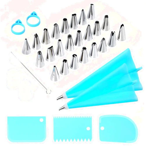 Kaverme 34Pcs Piping Bags and Tips Set, Bake Cake Decorating Kit with 24 Stainless Steel Tips, 2 Reusable Silicone Pastry Bags, 3 Icing Smoother, 2 Couplers, 2 Frosting Bags Ties and 1Pipe Brush
