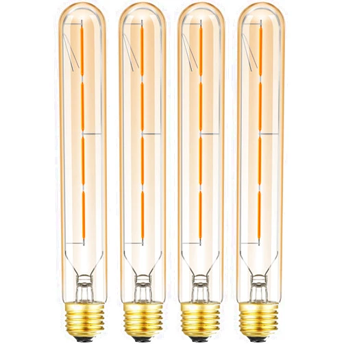 Leools Vintage LED Filament Bulb T10, 8.9inch Long Tubular Dimmable Edison Light Bulbs,E26 Base,Amber Glass,Warm White,2700K, 400LM(40W Equivalent), Pack of 4.