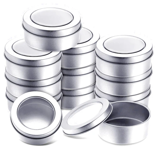 TecUnite 12 Pack 2 Ounce Metal Tin Cans Round Empty Container Salve Tins with Clear Lid for Kitchen, Office, Candles, Candies