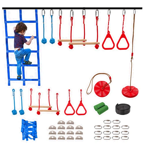 Bronkige Ninja Warrior Obstacle Course for Kids, 8 Obstacles Kids Outdoor Warrior Obstacle Play Equipment for Girls & Boys with 50FT Slackline kit, Monkey Bars, Climbing Net, Swing, Trapeze