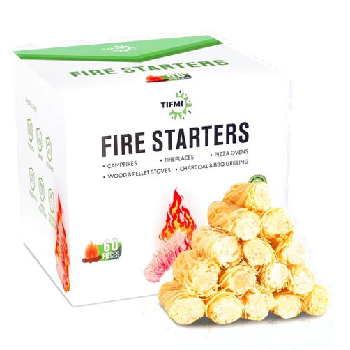 TIFMI Fire Starter - 60 Pcs Fire Starters for Campfires, Fireplace, Grill, Wood & Pellet Stove, Fire Pit, BBQ, Survival, ooni Pizza Ovens, Water Resistant and Odorless Safe for Indoor/Outdoor Use