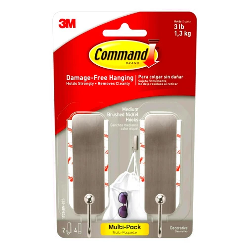 Command Medium Brushed Nickel Wall Hooks, 2 Hooks and 4 Command Strips, Damage Free Hanging Wall Hooks with Adhesive Strips, No Tools Coat Hooks for Hanging Home Decor, Holds up to 3 lb