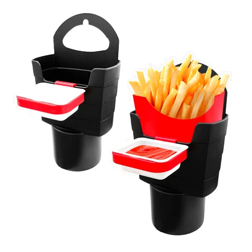 Suvnie 2 PCS Car Vent Sauce Holder, Auto Vent Dipping Sauce Holder with Jam Box Replacement, Air Vent Mini Dipping Holder for Ketchup and Sauce, Car Accessories for Eating (Red-Black Fry Holder)