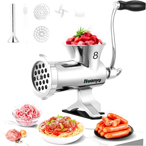 Huanyu Manual Meat Grinder Stainless Steel Hand Cranked Meat Grinding Machine Household Pork Mincer Sausage Maker (NO.8)