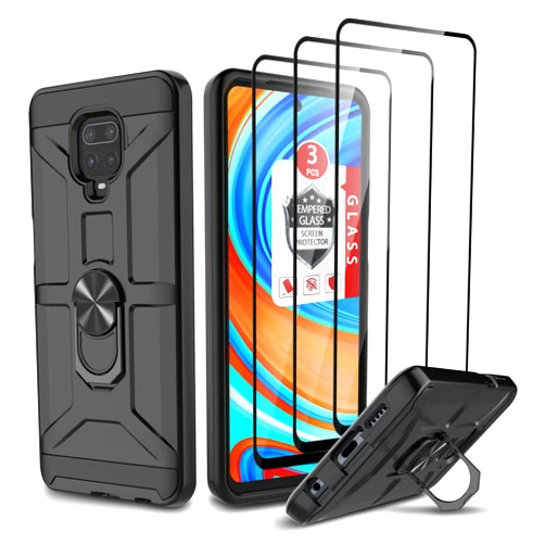 GAMEMIUZ Xiaomi Note 9 Pro Case, Note 9s/Note 9 Pro Max Case, with 3 Pcs Tempered Glass Screen Protector, Built-in Ring Kickstand and Magnetic Car Mount Shockproof Dropproof Defend Armor Rugged Case - Black
