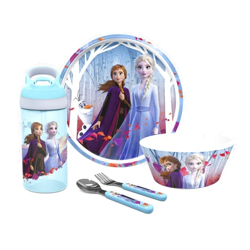 Zak Designs 5-Piece Dinnerware Set, Disney Frozen 2 - Durable Plastic & Stainless Steel - Includes Water Bottle, 8-Inch Plate, 6-Inch Bowl, Fork & Spoon - Suitable for Kids Ages 3+