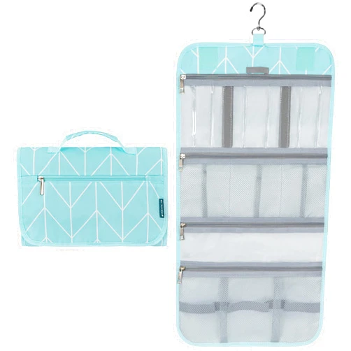 PAVILIA Hanging Toiletry Bag Women Men, Travel Kit Foldable Large Toiletries Organizer, Roll up Cosmetics Makeup Bag Accessories, Waterproof Essentials Jewelry Case (Teal Chevron)