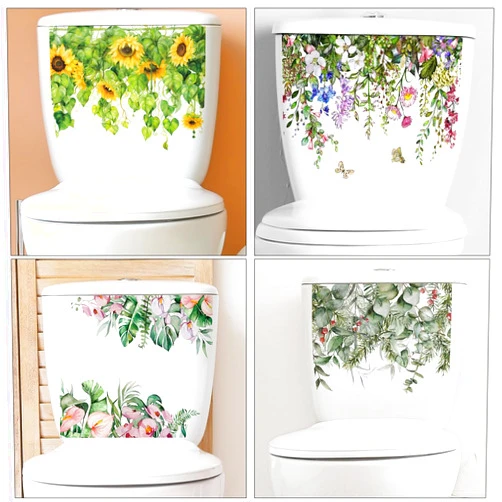 MEFOSS 4PCS Tropical Flowers Toilet Lid Decals Toilet Wall Decals Stickers Peel & Stick DIY Removable Plant Theme Toilet Cover House Rooms Wall Decor Kitchen Bathroom Decoration