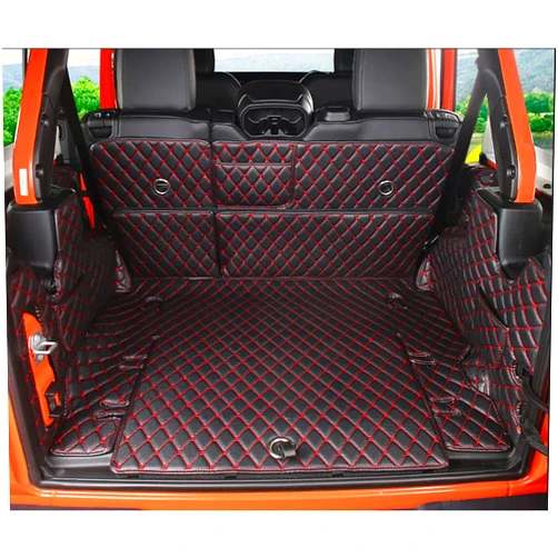FHJBP Cargo Mat+Backrest Mat+Both Sides Panel for Jeep Wrangler Sahara 4dr No Subwoofer 2018-2021-Current Full Coverage Trunk Pet Liner XPE Leather Cargo Tray Liners Custom-fit (Black w/Red Stitching)