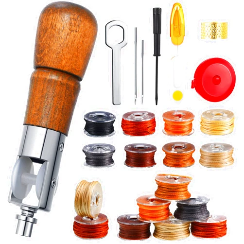 Dingion 20 Pieces Sewing Awl Kit Portable Leather Stitching Repair Stitch Tool Including Speedy Sewing Awl, Thimble, Screwdriver, Wrench, Needles, Tape Measure, Yarn Scissors for Leather Fabric Supplies
