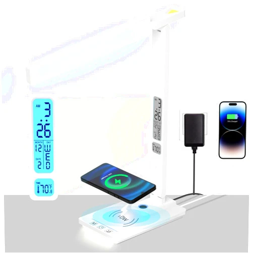 Moremili LED Desk Lamp with Wireless Charger: Smart Desk lamp - USB Charging Port, 5-Level Brightness & Color Dimmable, Clock, Alarm, Timer, Date, Temperature. Table Lights for Study Reading Home Office