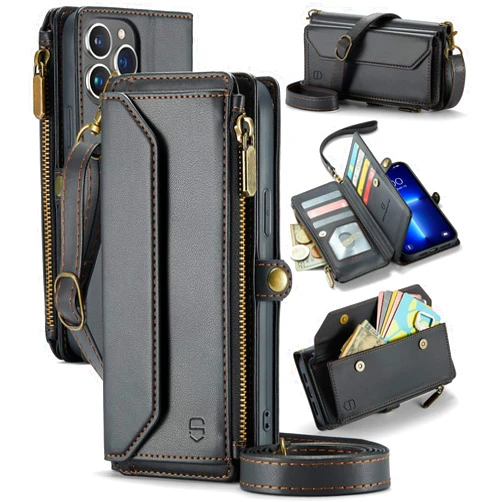 Strapurs Crossbody Wallet Case Compatible with iPhone 13 Pro Max RFID Blocking 10-Card Holder Soft PU Leather Magnetic Snap Shoulder Strap Zipper Pocket Phone Case Fit for iPhone 13 Pro Max - Black