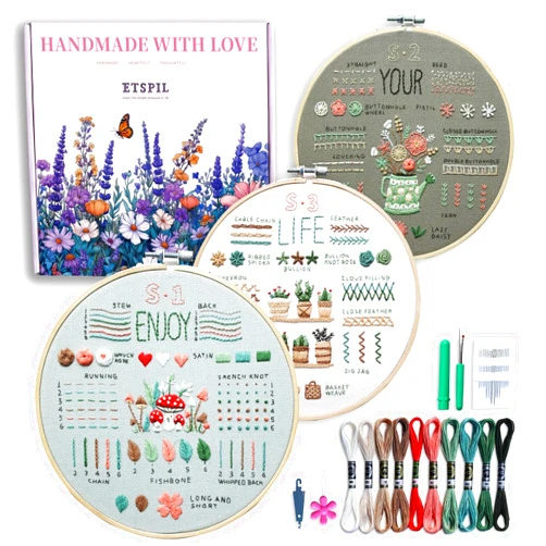 ETSPIL 3 Pack Beginner Embroidery Kits for Adults DIY Starter Kit with 33 Stitch Techniques, Stamped Patterns, Embroidery Hoop, Colorful Threads, Tools, Step by Step Instructions & Video Tutorial