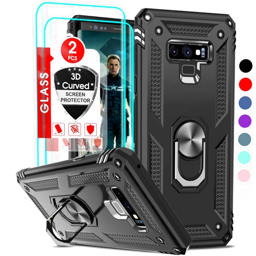 LeYi for Note 9 Case, Samsung Galaxy Note 9 Case with [2 Pack] 3D Curved Screen Protector, [Military-Grade] Shockproof Protective Phone Case Cover with Ring Holder Kickstand for Galaxy Note 9, Black