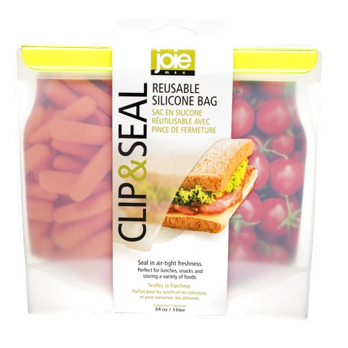 Joie MSC International Clip and Seal Reusable Silicone Food Storage Bag, 34-Ounce (1Liter) Capacity, Assorted Colors, Green, one Size, 29148