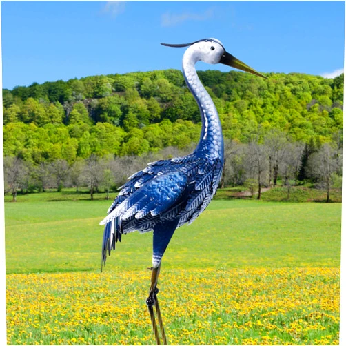 Oritty 33 Inch Crane Statue for Garden Decorations, Metal Heron Yard Art, Outdoor Decor for Patio, Pond, and Backyard, Blue