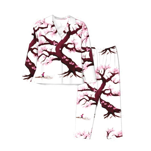 MYGANN Cherry Blossoms Tree Women'S Long Sleeve Pajama Set With Pockets Homewear Bridesmaid Dresses