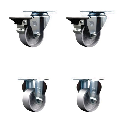 Service Caster Semi Steel Cast Iron Swivel Top Plate Caster Set of 4 with 3 Inch Silver Wheels - Includes 2 Swivel with Posi Locking Brakes and 2 Rigid - 1200 lbs. Total Capacity - Service Caster Brand