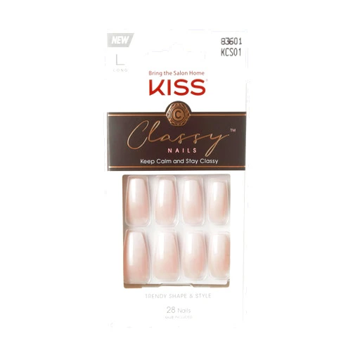 KISS Classy Press On Nails, Nail glue included, Be-you-tiful', Beige, Long Size, Coffin Shape, Includes 28 Nails, 2g Glue, 1 Manicure Stick, 1 Mini File