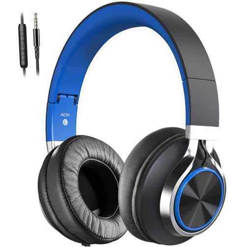 COOSII AC01 Over-Ear Headphones Wired, Noise Isolating Corded Stereo Headsets with Microphone Volume Control for Adults Teens 3.5mm for Chromebooks, Laptop, Computer, Tablets, Travel (Black Blue)