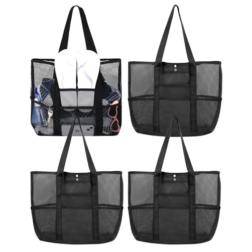 Sweetude 4 Pcs Mesh Beach Bag with Pockets Lightweight Travel Pool Bag Swim Beach Tote for Women Towel Vacation Essentials