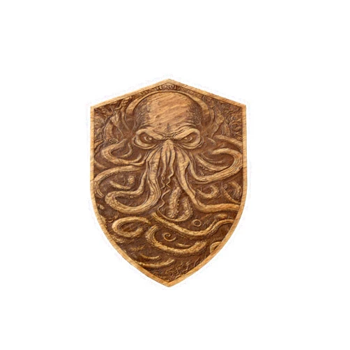 Beatus Lignum Wooden Dice Box with Shield Design, Green Felt Interior, Decorative Border Pattern (Chtulhu)