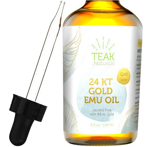 Teak Naturals 24K GOLD Emu Oil, 24 K Gold Organic Australian Emu Oil 4 oz Gold Line Series