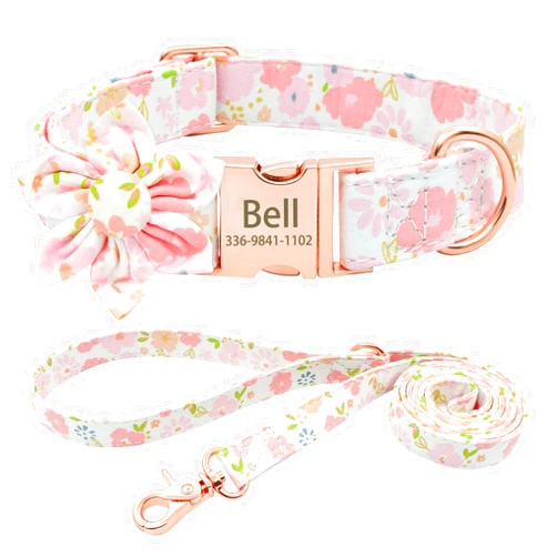 Senristar Personalized Cute Flower Girl Dog Collar with Leash,Custom Floral Dog Collar with Name,Engraved Gold Buckle Dog Collar for Female Dogs