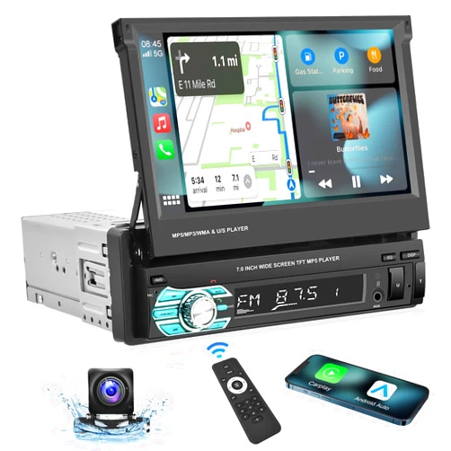 Podofo Single Din Apple Carplay Car Stereo with Bluetooth AHD Backup Camera, 7” flip Out Touch Screen Car Radio MP5 Player Support Android Auto, Mirror Link, USB, TF, FM Radio, Aux-in, SWC