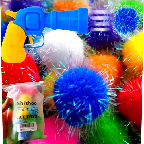 Shizhoo 30 Pieces Sparkle Pom Pom Balls with Ball Bloster for Cat - Interactive Glitter Balls, Multicolor, Size of 1.2 inches, Best as Kitten Play Toys