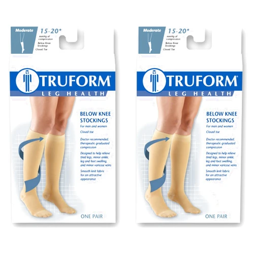 Truform 15-20 mmHg Compression Stockings for Men and Women, Knee High Length, Closed Toe, Beige, Medium (Pack of 2)