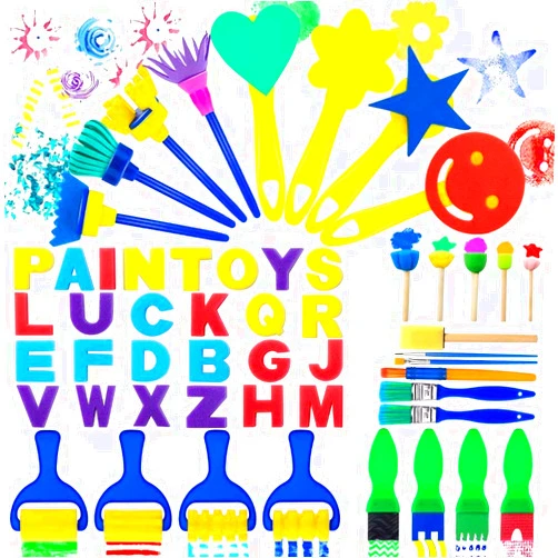 TORINALITAL 53Pcs Paint Sponges for Kids, Kids Paint Brushes Set, Washable Sponge Painting Brushes Paint Kits - Kids Paint Sponges Early Learning Sponge Paint Tools with 26 Alphabets