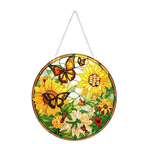 LYENYI 5D Sunflower Butterfly Diamond Painting Kits for Adults Hanging Sign Wall Art Sign Diamond Art Suncatcher Hanging Ornament Home Garden Wall Door Hanging Painting Kits, Yellow