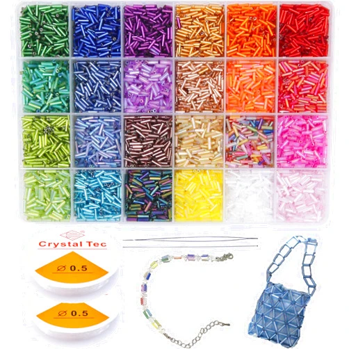 GTAAOY 9600pcs Tube Beads Kit, Glass Bugle Seed Beads for Jewelry Making, Small Craft Beads for DIY Bracelet Necklaces Craft Making with Two Crystal String (7mm/24 Colors)