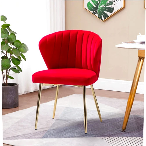HULALA HOME Velvet Dining Chair, Cute Armless Accent Chair Living Room Chair with Golden Legs, Mid Century Modern Upholstered Side Chair for Kitchen Vanity, RED