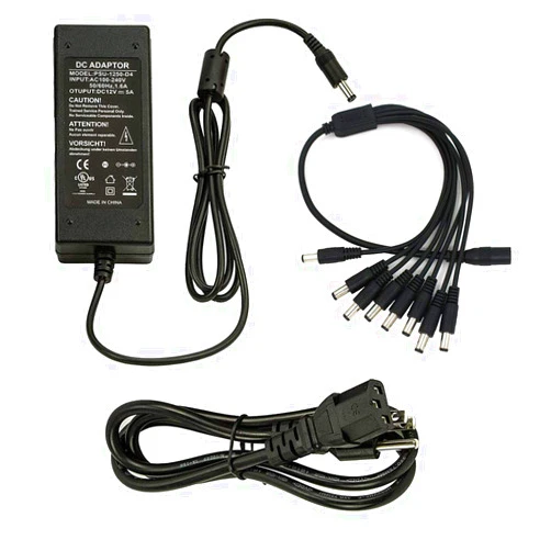 InstallerCCTV Security Camera Power Adapter 12V 5A w/ 8-Way Power Splitter Cable Power Supply, Fits DVR/NVR/AHD/TVI CCTV Security Camera System, LED Strip Lights, UL Listed
