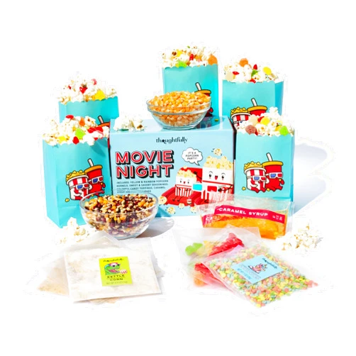 Thoughtfully, Family Movie Night Supplies Kit, Includes Popcorn Bags, Gourmet Popcorn Kernels, Popcorn Seasonings and Candy Toppings, Gift Basket Idea