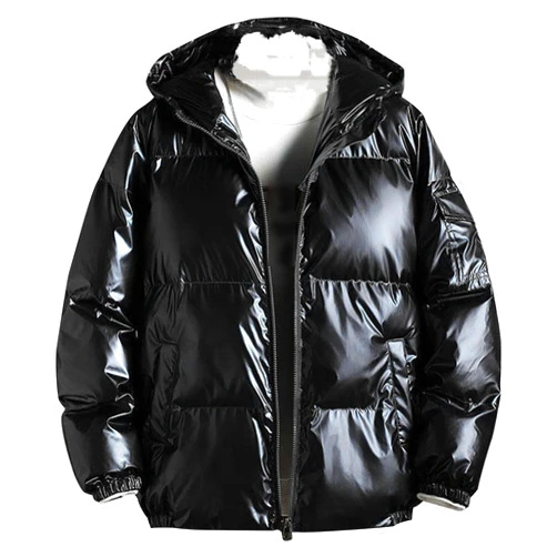 DGHM-JLMY Men's Glossy Padded Winter Hood Coat Metallic Full Zip Down Quilted Puffer Jacket Warm Plus Size Shiny Hooded Coat (Black,XX-Large)