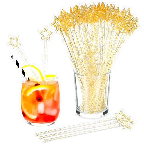 Zubebe 240 Pcs Cocktail Swizzle Sticks Plastic Drink Stirrers Glitter Star Top Stir Disposable Cocktail Coffee Drink Sticks Crystal Cake Pops, 7.28 Inch(Gold)