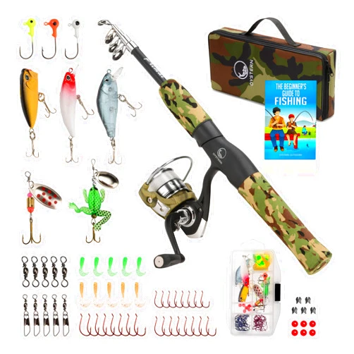 OYSTERN Kid’s Fishing Pole Kit with Spinning Reel - 62 Piece Tackle Bag, 4lb Line - Including Beginner’s Guide eBook - Toddler Fishing Pole Combo - Youth Telescopic Portable Rod - Kids Fishing Gear