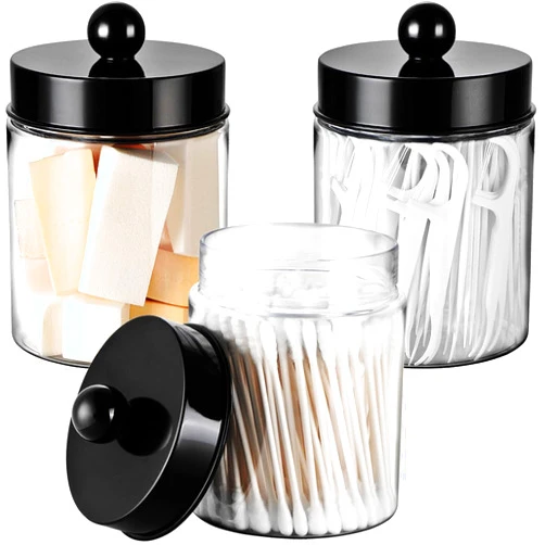 Komashr 3PC Farmhouse Decor Qtip Holder Apothecary Jars Bathroom Vanity Storage Organizer -Countertop Canister Plastic Container &Cute Stickers for Cotton Swab, Ball,Pad,Floss,Paper Clips (Black)