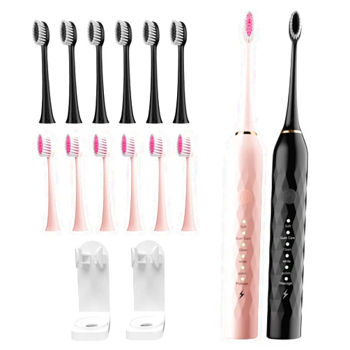 MAXWISDOM Electric Toothbrush for Kids with Toothbrush Holders，2 Pack Sonic Toothbrush with 12 Heads, 6 Modes, IPX7 Waterproof, Smart Timer, 2 Hours Charge for 60 Days (Pink & Black)