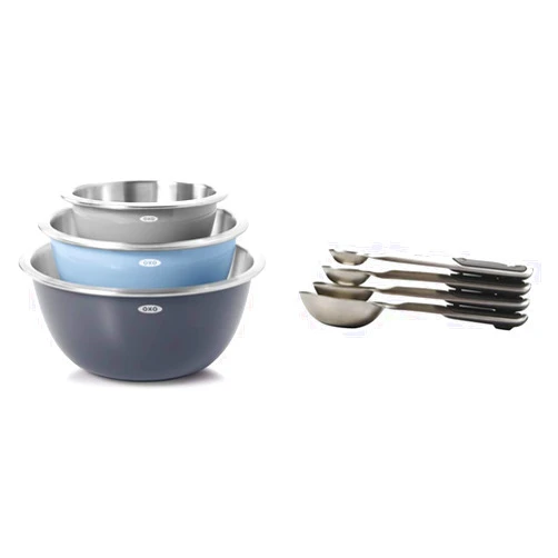 OXO Good Grips 3-Piece Stainless Steel Mixing Bowl Set - Blue/Gray, 4.7L & Good Grips 4 Piece Stainless Steel Measuring Spoons with Magnetic Snaps