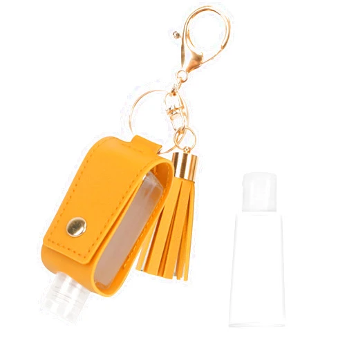 Unaone 1oz/30ml Hand Sanitizer Holder Travel Size, Empty Bottle Leather Sanitizer Holder with Keychain Portable Small Squeeze Bottle Refillable Container for Toiletry Lotion Liquid Soap Shampoo Yellow