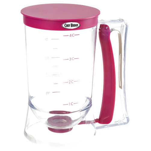 Chef Buddy Pancake Batter Dispenser - 4-Cup Batter Dispenser with Squeeze Handle for Pancakes, Waffles, Muffins, and Crepes - Baking Tools by Chef Buddy (Purple)