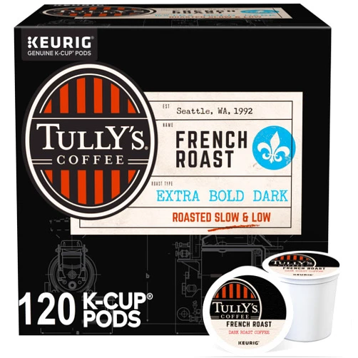 Tully's Coffee, French Roast, Single-Serve Keurig K-Cup Pods, Dark Roast Coffee, 120-Count (5 Boxes of 24 Pods)