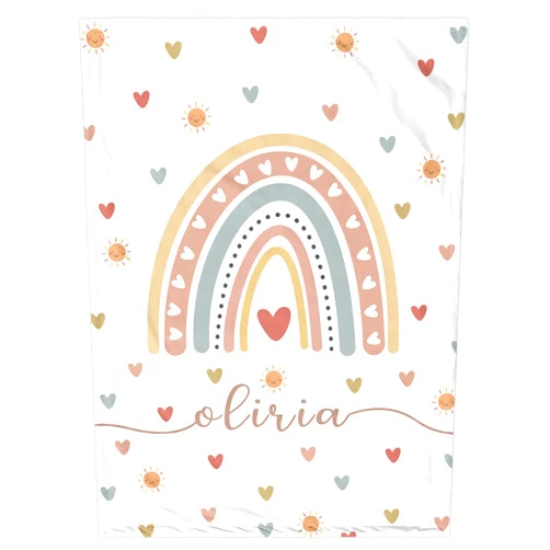 Lcyawer Personalized Baby Blankets with Name for Girls Boys Kids,Custom Boho Style Baby Blanket with Rainbow, Personalized Rainbow and Heart Blanket, Expecting Mom Gift