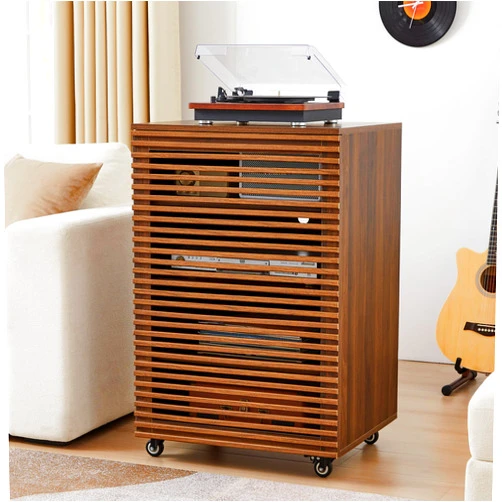 LEVNARY 5-Tier AV Media Cabinet with Grille Door & Adjustable Shelves, Modern Wooden Stereo Rack with Cable Management & Wheels, Audio Video Stand for Living Gaming Room Recording Studio (Walnut)
