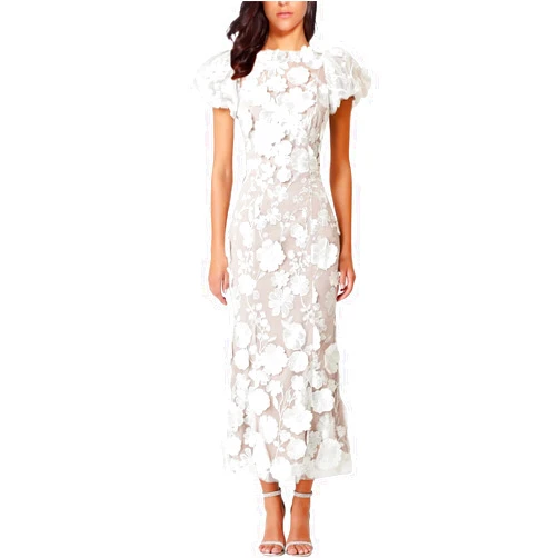 NeeMee Women's 3D Floral Embroidery Dress Ruffle Sleeve Fishtail Lace Bodycon Party Cocktail Mixi Dress